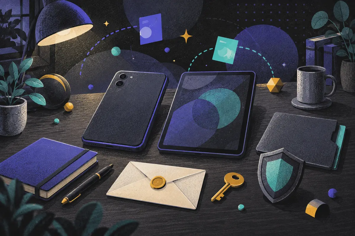 first-party versus zero-party data: a face-down phone and tilted tablet equally sized side by side, sealed envelope, key, shield, closed folder, closed notebook, and pen