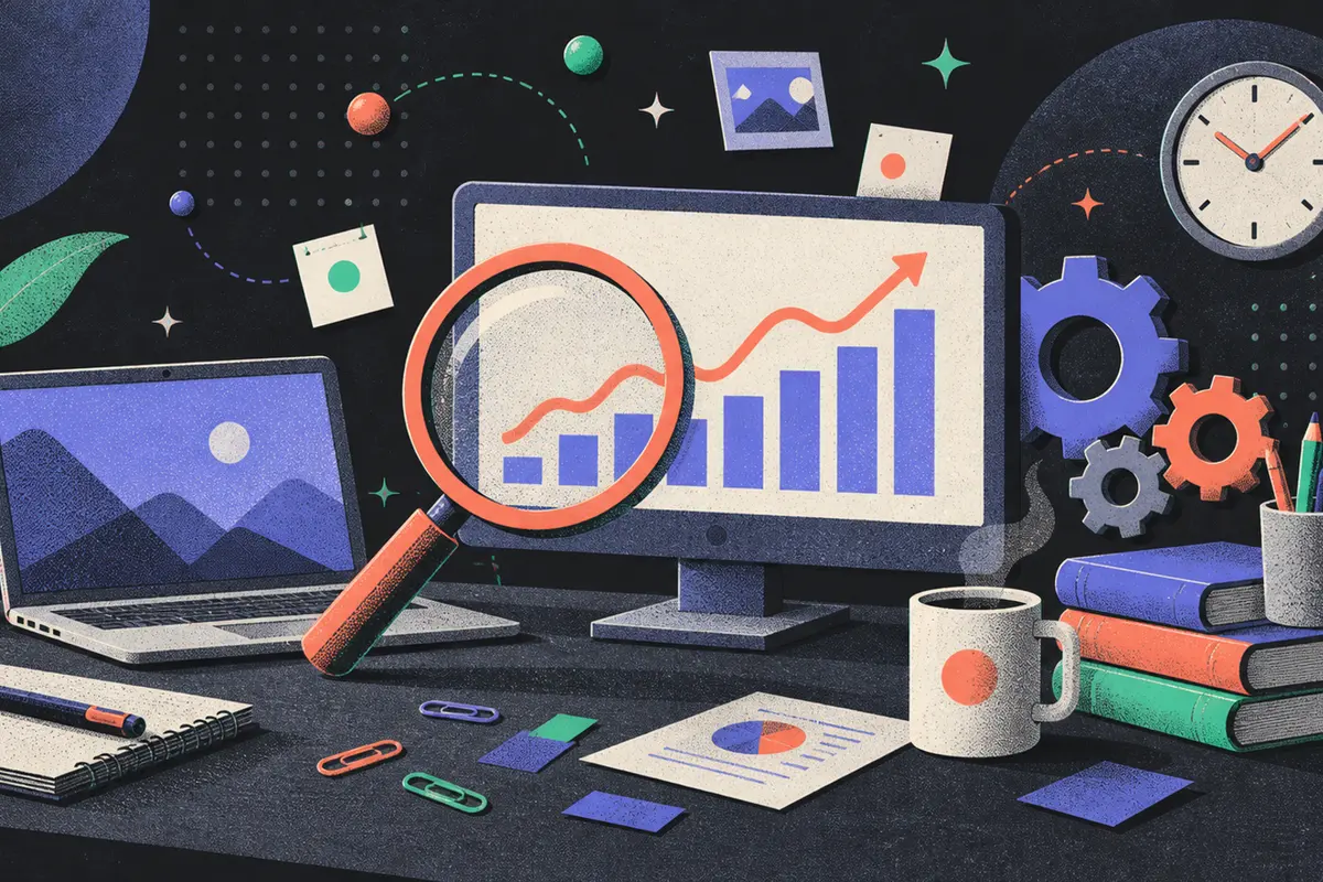 Google ranking changes: a magnifying glass, open laptop, and monitor showing an abstract trend left to right, interlocking gears, clock, stack of books, coffee cup, paper clips
