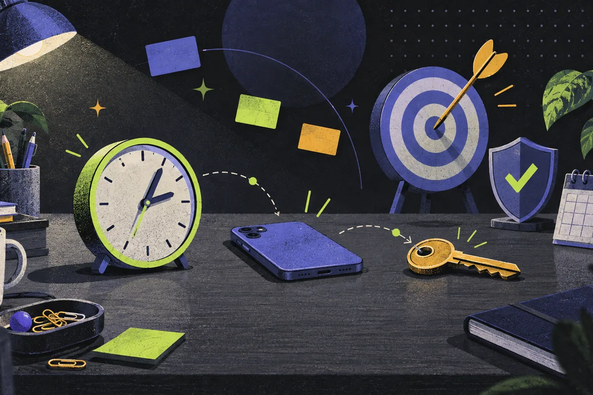 habit-forming products: a clock with advancing hands, face-down phone, and turned key arranged left to right, target with dart, shield, closed calendar, potted plant
