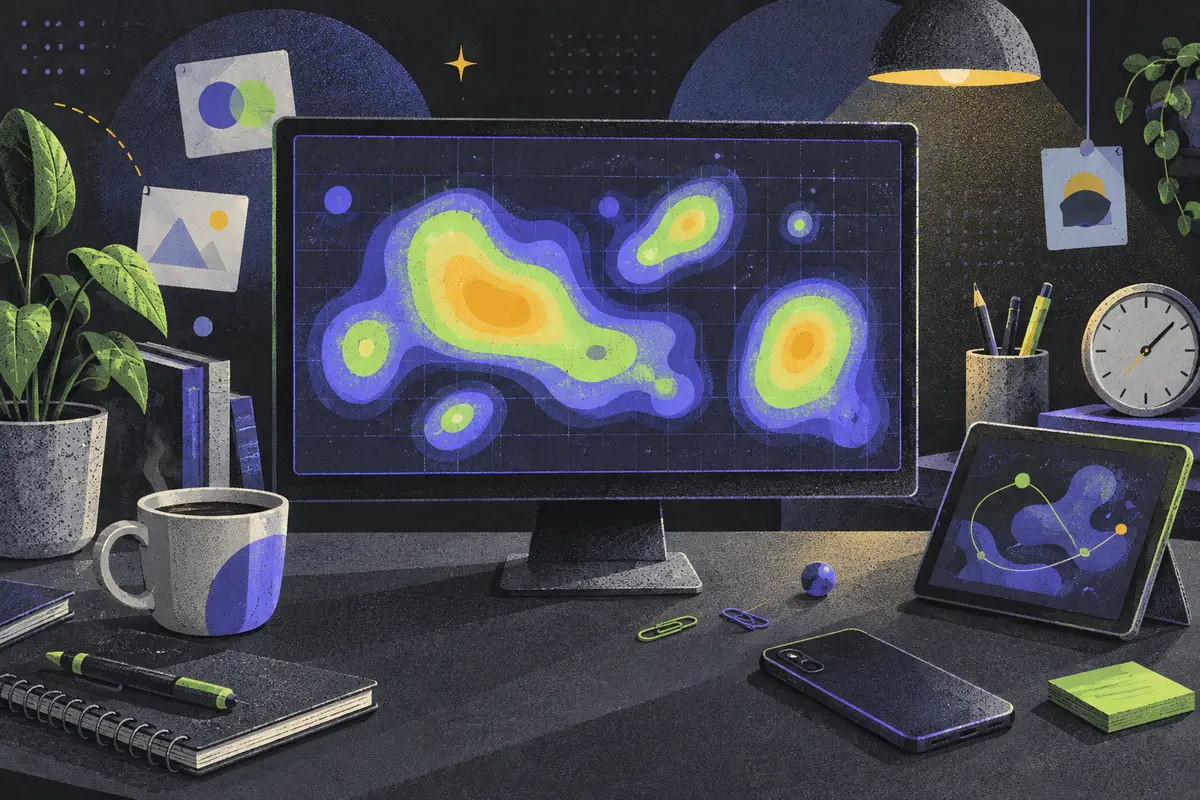 heatmaps: a large centered monitor showing an abstract heat chart, magnifying glass, face-down phone, tilted tablet, clock, paper clips, coffee cup