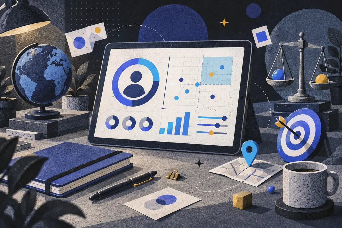 ideal customer profile: a large tablet showing an abstract account-fit chart, small globe, balance scale, target with dart, map pin, closed notebook, coffee cup