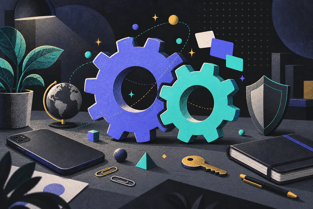 identity resolution: large centered interlocking gears, face-down phone, small globe, key, shield, closed notebook, paper clips, and potted plant
