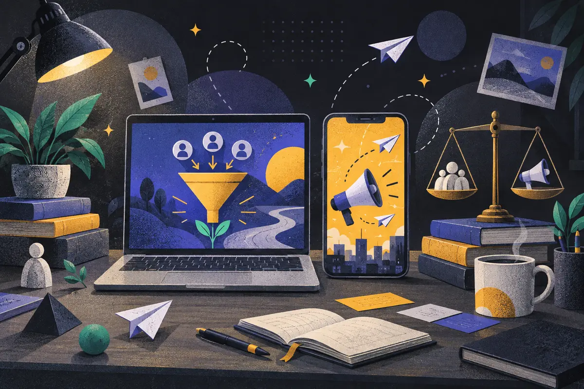 inbound versus outbound marketing: an open laptop and upright phone equally sized side by side, megaphone, paper plane, funnel, balance scale, stack of books, and coffee cup