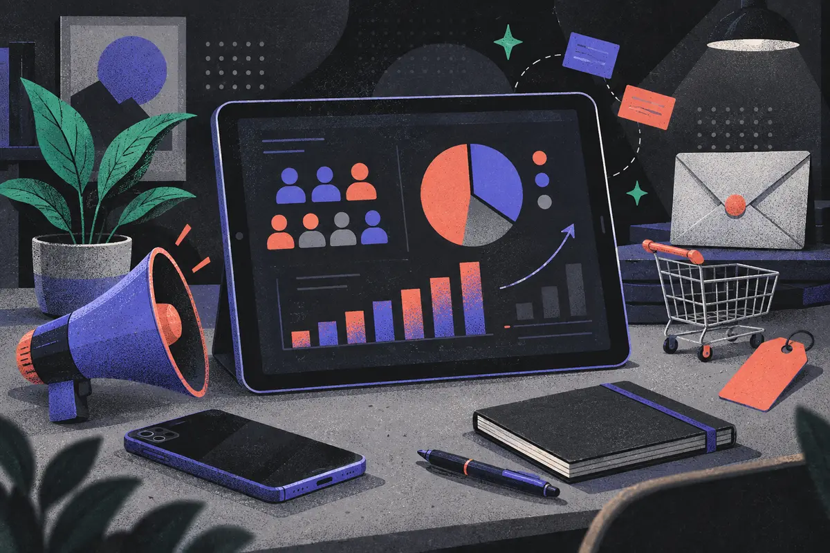 influencer marketing: a large centered tablet showing an abstract audience chart, megaphone, face-down phone, unmarked price tag, shopping cart, sealed envelope, closed notebook, pen, potted plant