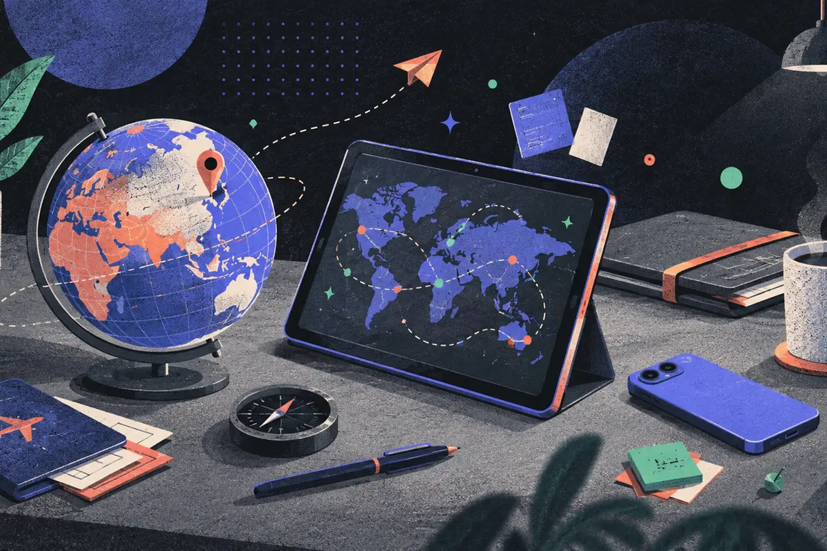 international SEO: a small globe tilted eastward, a tilted tablet, and a face-down phone arranged left to right, a map pin, closed folder, coffee cup