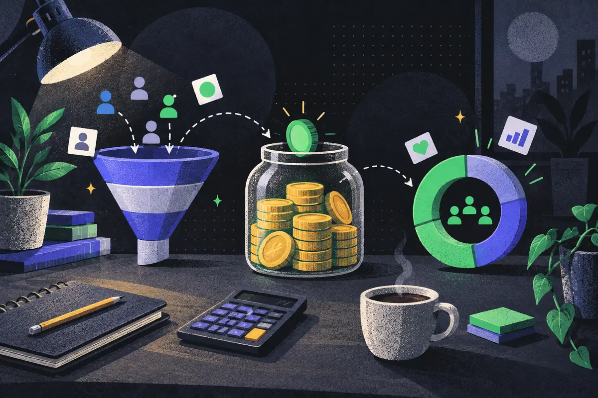 saas metrics: recurring-revenue coin jar, acquisition funnel, and retention ring progressing left to right, activation bell, cost calculator, notebook, coffee cup