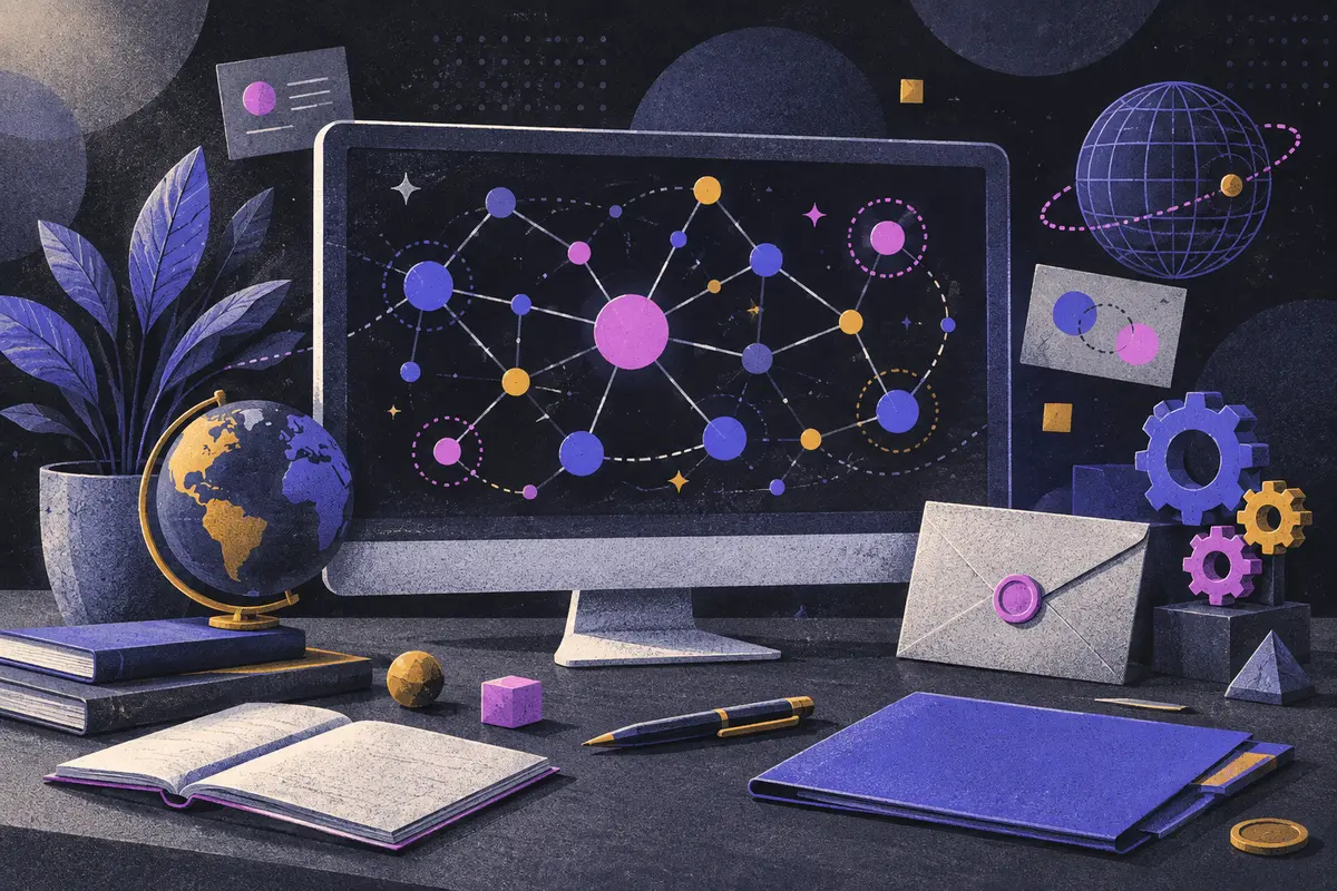 knowledge graph SEO: a large monitor showing an abstract network chart, small globe, interlocking gears, closed folder, sealed envelope, pen, and potted plant
