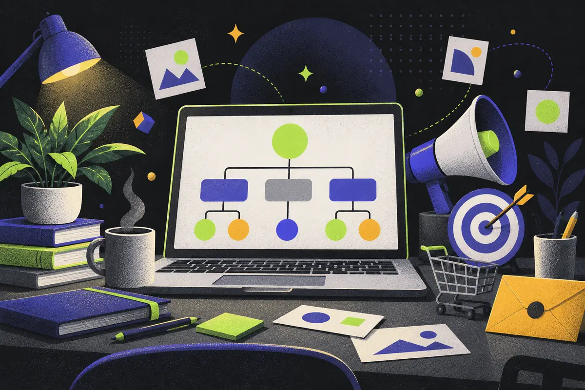 landing page examples: a large laptop showing an abstract hierarchy chart, megaphone, target with dart, sealed envelope, shopping cart, stack of books, potted plant