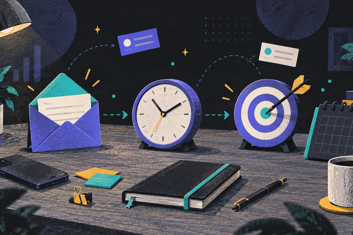 lead nurturing: an open envelope, clock, and target with dart arranged left to right, face-down phone, closed calendar, closed notebook, and coffee cup