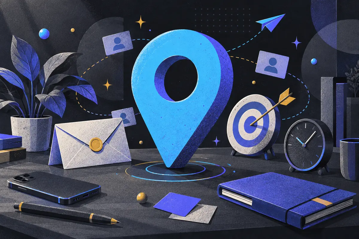 lead routing: a large centered map pin angled forward, sealed envelope, clock, target with dart, face-down phone, closed folder, potted plant