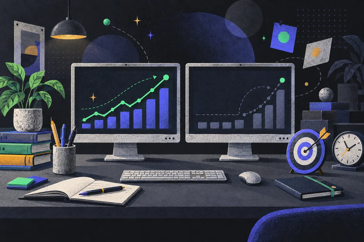 leading versus lagging indicators: two equal monitors showing rising and delayed abstract charts, clock, closed calendar, target with dart, pen, stack of books, potted plant