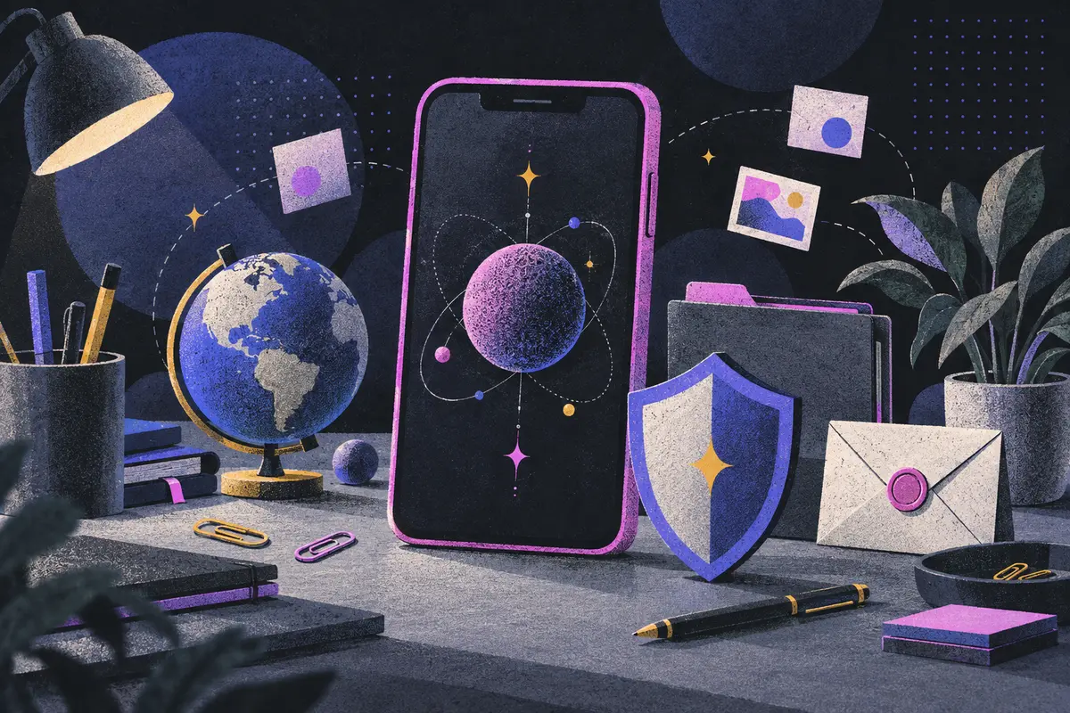 logo schema: a large centered upright phone with a dark screen, small globe, shield, closed folder, sealed envelope, paper clips, and potted plant