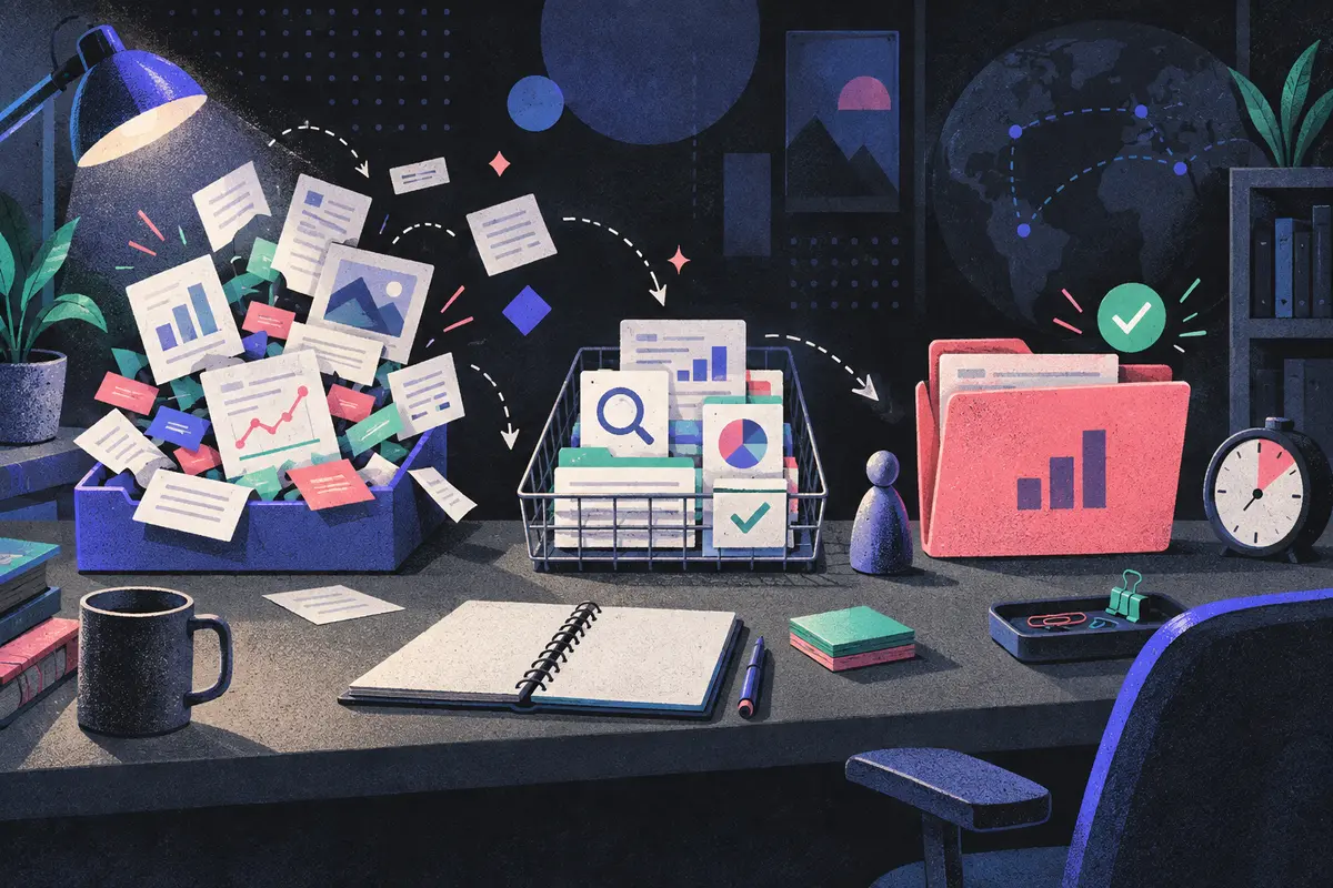 market intelligence: an overflowing signal inbox, evidence sorting tray, and decision folder progress left to right, competitor model, customer recorder, expiration clock, blank notebook, task chair