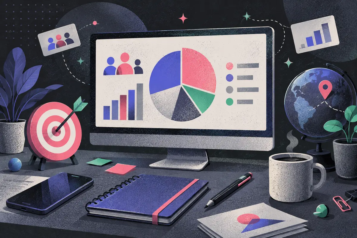 target-audience market research: a large centered monitor showing an abstract segmented chart, a target with dart, map pin, phone, closed notebook, pen, coffee cup