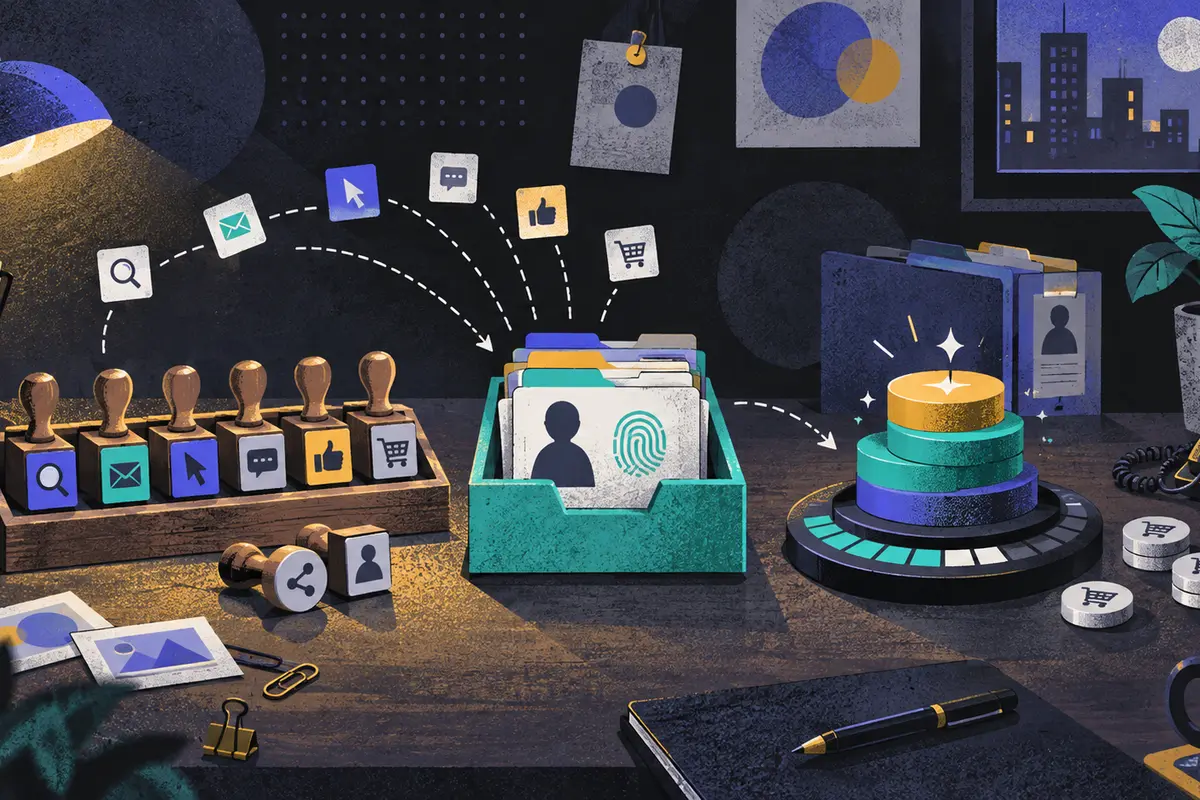 marketing attribution: an arranged touchpoint stamp set, identity-matching tray, and credit balance progress left to right, CRM folders, conversion tokens, window clock, desk phone, potted plant