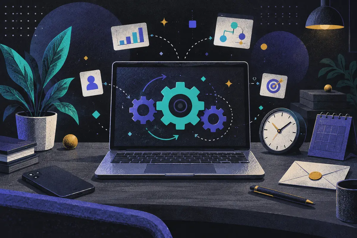marketing automation: a large centered laptop showing interlocking gears, face-down phone, clock, closed calendar, sealed envelope, pen, and potted plant