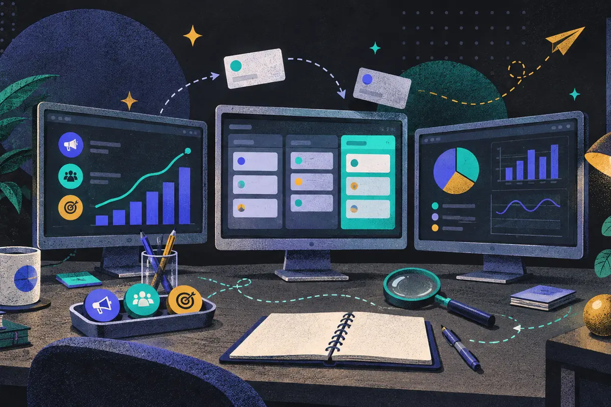 marketing dashboards: acquisition screen, pipeline screen, and executive screen progressing left to right, campaign tokens, query magnifier, blank notebook, desk lamp