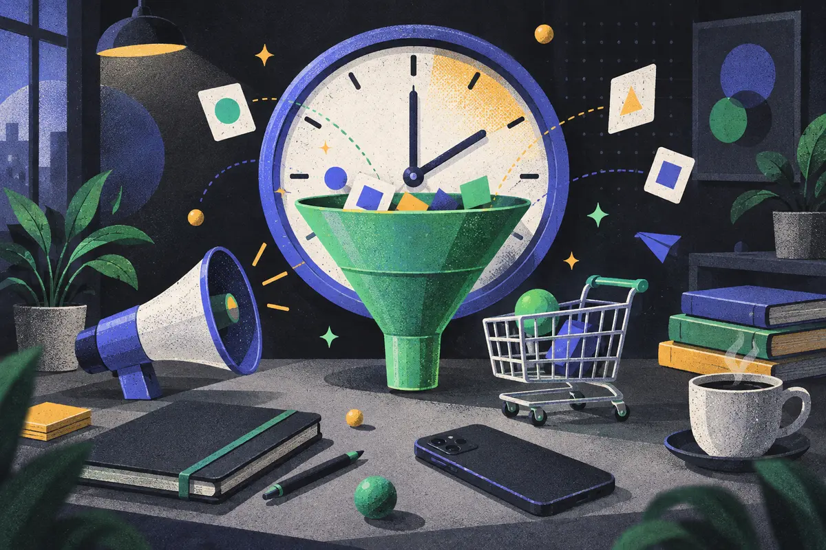 marketing funnel: a large centered clock behind a funnel, megaphone, shopping cart, face-down phone, closed notebook, stack of books, coffee cup