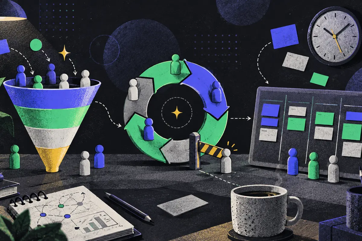 B2B funnel diagnosis: a stage funnel, looping pathway model, and sales pipeline board arranged left to right, buyer tokens, pause gate, wall clock, coffee cup