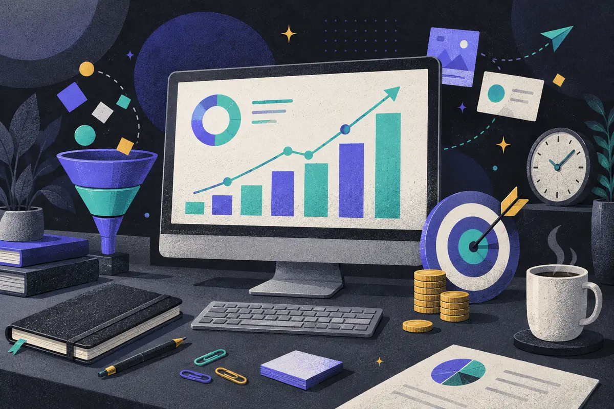 marketing KPIs: a large centered monitor showing an abstract rising chart, funnel, target with dart, coins, clock, closed notebook, paper clips, and coffee cup