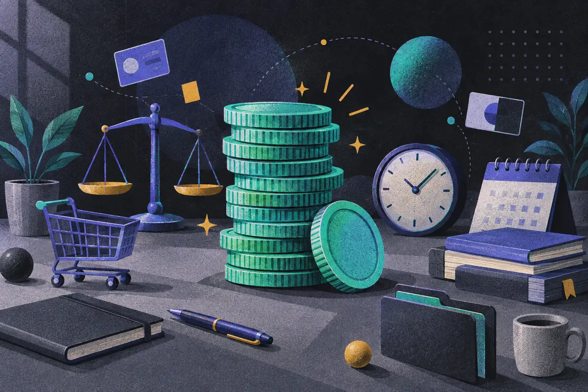 marketing ROI: a large centered stack of coins, balance scale, shopping cart, clock, closed calendar, closed folder, stack of books, and pen
