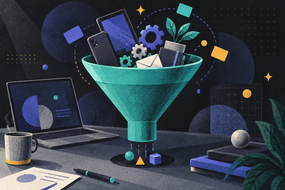 martech stack: a large centered funnel holding a face-down phone and tilted tablet, interlocking gears, open laptop, sealed envelope, closed notebook, and potted plant
