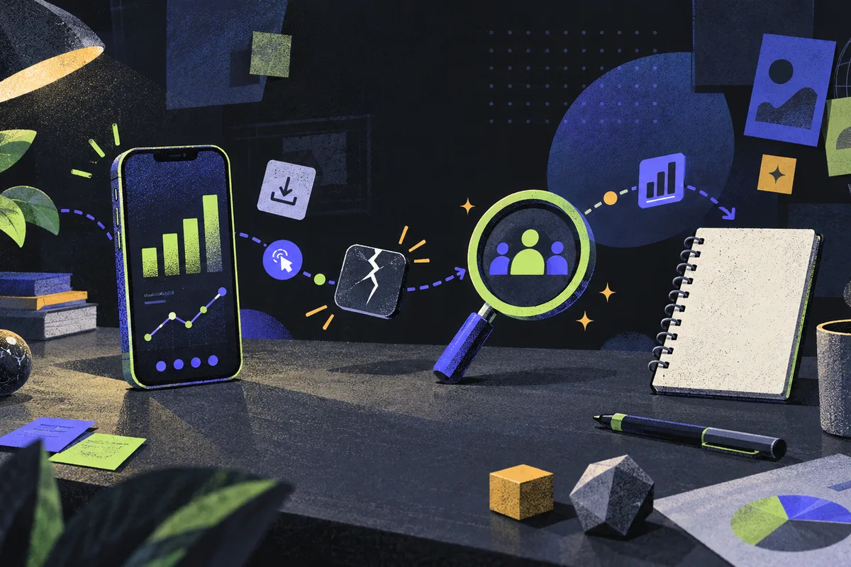 mobile analytics: app phone, event trail, and stall magnifier progressing left to right, crash token, acquisition lens, blank notebook, coffee mug