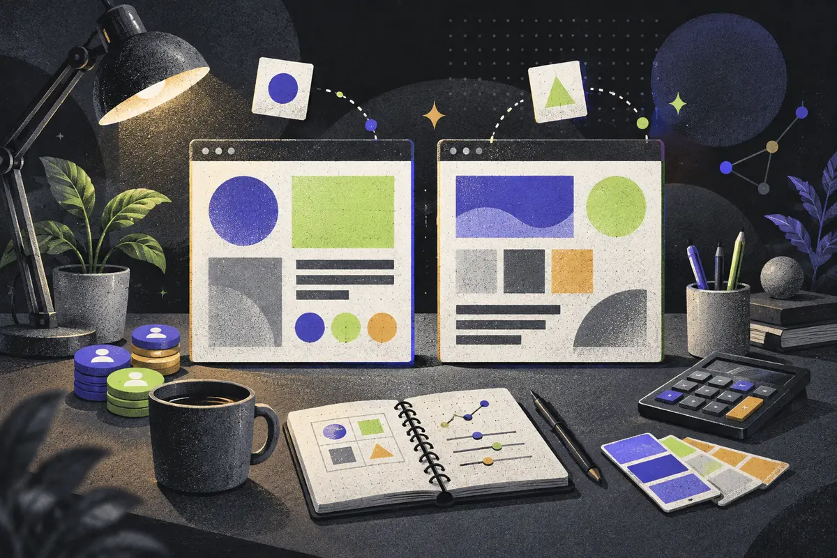 multivariate testing: two equal unmarked page screens with different abstract layouts side by side, traffic tokens, variation swatches, calculator, notebook, desk lamp, coffee cup