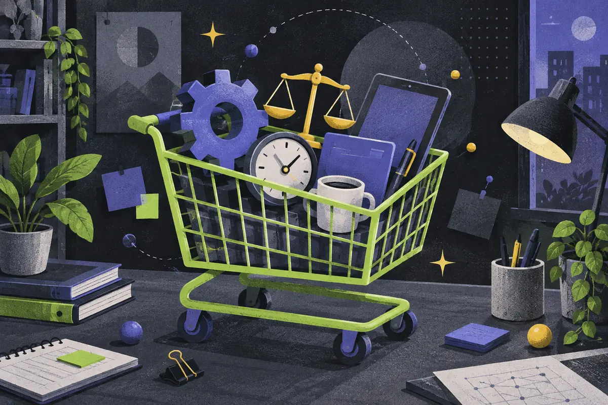 minimum viable product: a large centered shopping cart holding one gear, balance scale, tilted tablet, clock, closed folder, pen, coffee cup