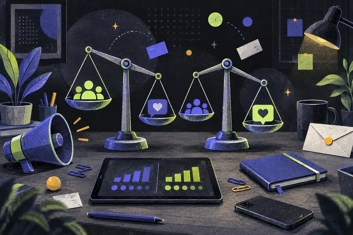 NPS versus CSAT: two equal balance scales side by side tilted in opposite directions, megaphone, tablet showing an abstract comparison chart, face-down phone, sealed envelope, closed notebook, paper clips