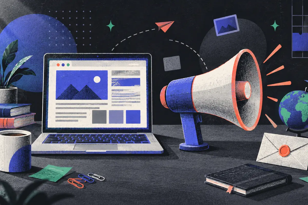 on-page versus off-page SEO: an open laptop and megaphone equally sized side by side, a small globe, stack of books, sealed envelope, coffee cup, paper clips