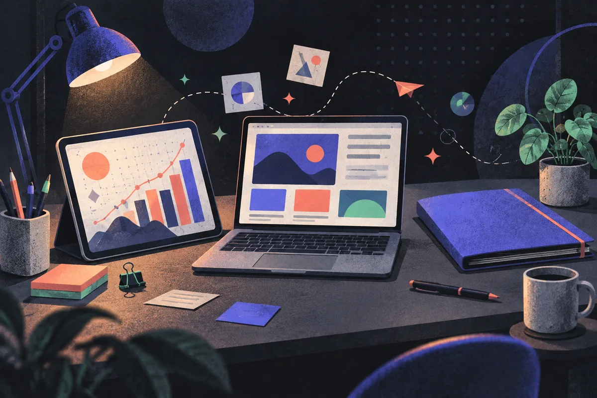 on-page SEO: a tilted tablet showing an abstract chart, an open laptop, and a closed folder arranged left to right, pen, sticky notes, potted plant