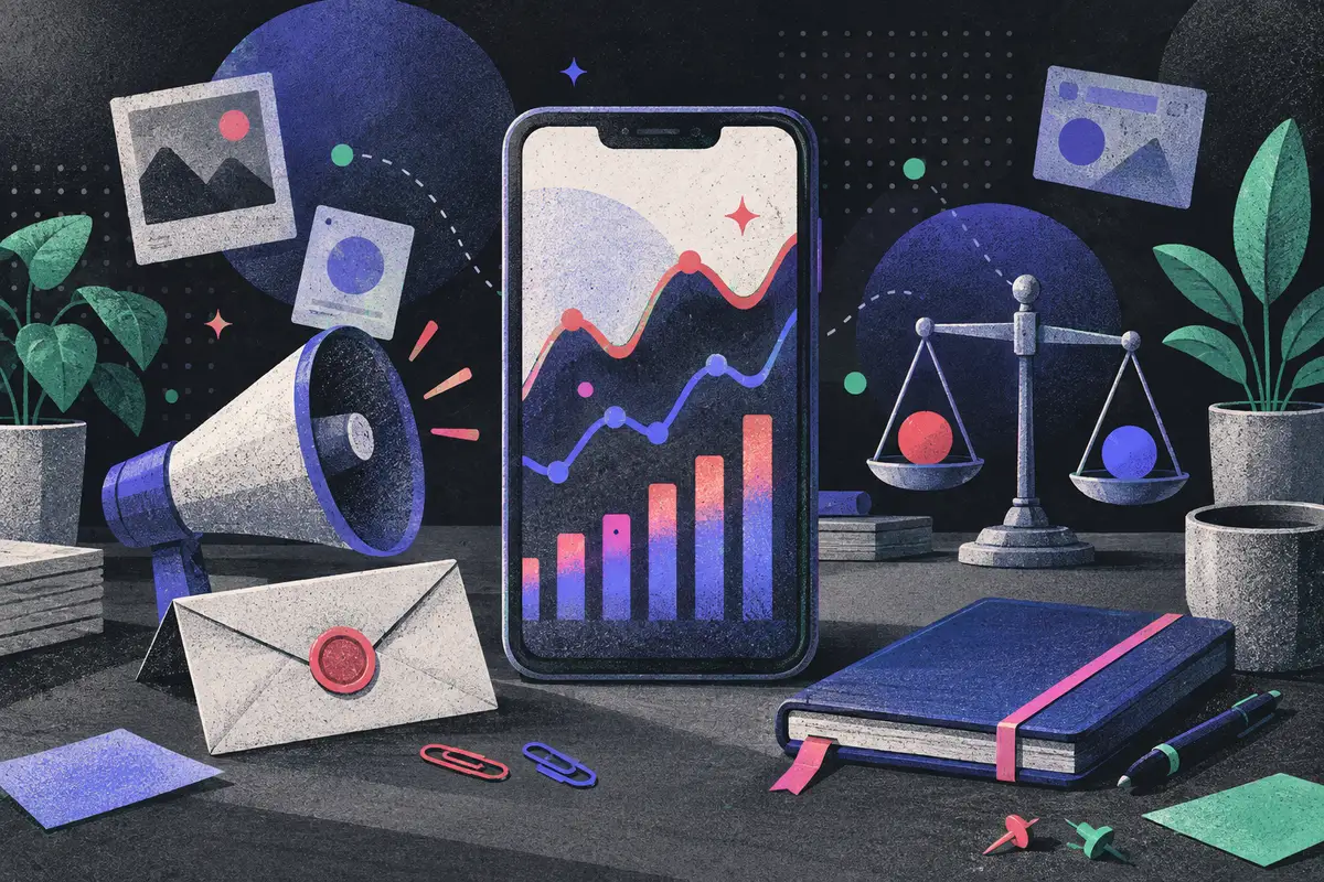 online reputation: a large centered phone showing an abstract multi-signal chart, a megaphone, sealed envelope, balance scale, closed notebook, paper clips, potted plant