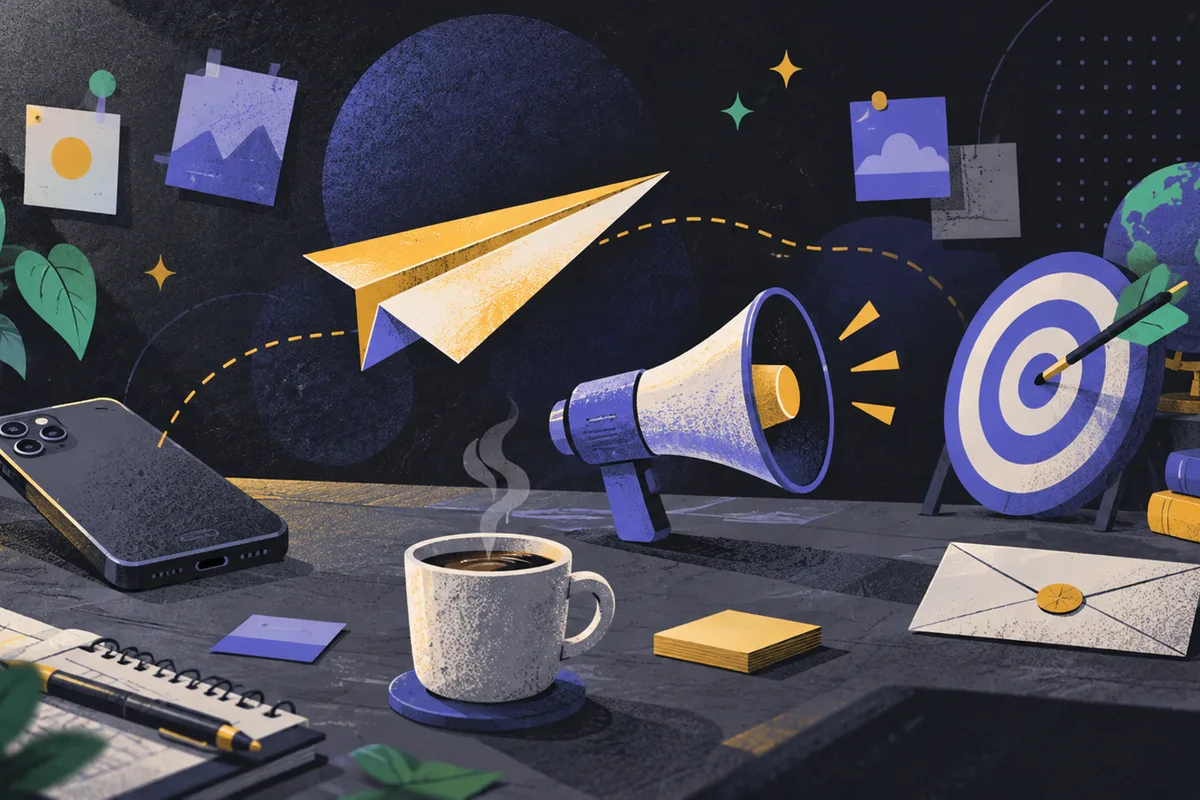 outbound marketing: a tilted paper plane, face-down phone, and megaphone arranged left to right, target with dart, small globe, sealed envelope, stack of books, and coffee cup