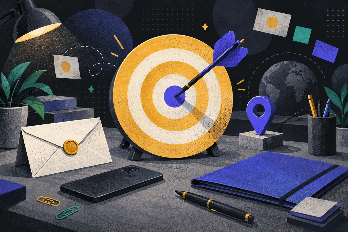 outbound sales: a large centered target with dart, sealed envelope, face-down phone, map pin, closed folder, pen, and paper clips