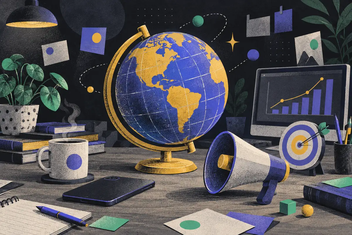 paid social: a large centered small globe tilted on its stand, megaphone, face-down phone, target with dart, monitor showing an abstract chart, stack of books, potted plant, and coffee cup