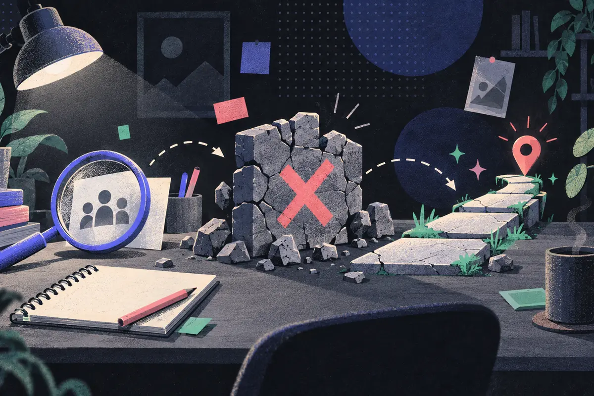 customer pain points: unfinished task tool, obstacle block, and repaired path progressing left to right, journey markers, research magnifier, blank notebook, desk lamp