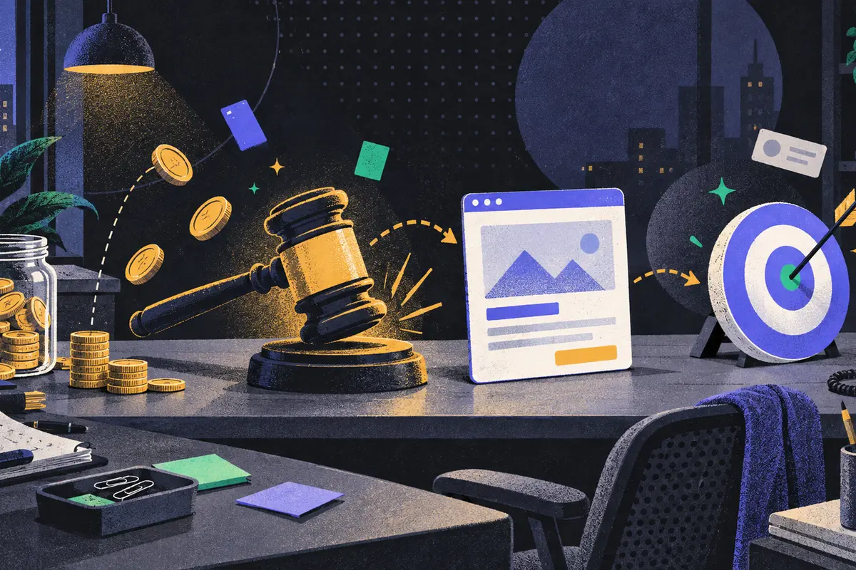 PPC campaign: an auction gavel, blank ad frame, and conversion target progressing left to right, bid coins, budget jar, desk phone, task chair