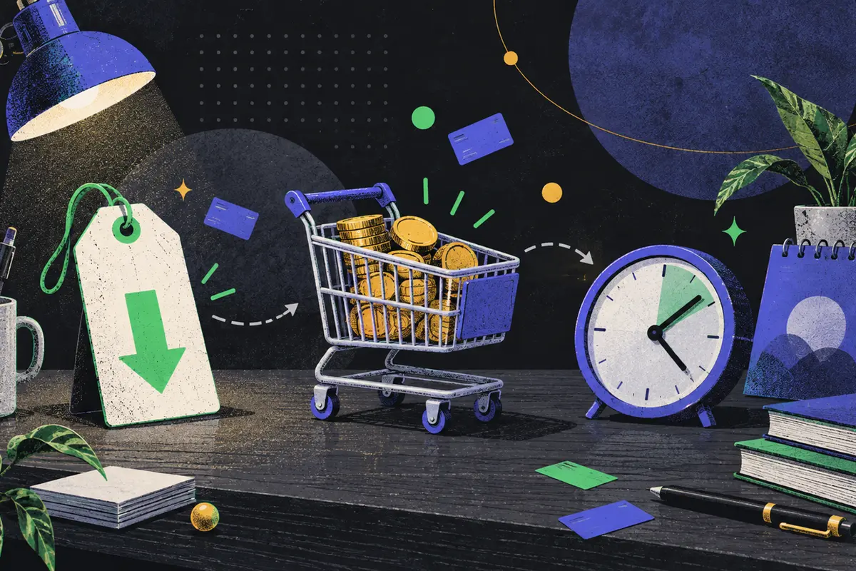 penetration pricing: a lowered unmarked price tag, a shopping cart holding coins, and a clock arranged left to right, a closed calendar, stack of books, pen