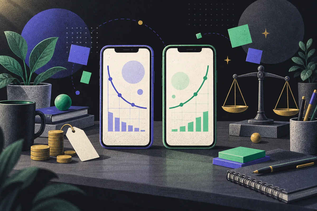 elasticity versus sensitivity: two equal phones showing contrasting abstract charts side by side, coins, unmarked price tag, balance scale, pen, sticky notes