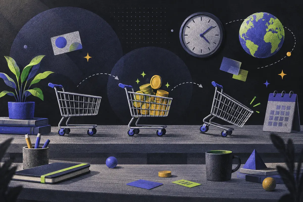 product life cycle: an empty shopping cart, shopping cart holding coins, and tilted shopping cart left to right, clock, small globe, closed calendar, potted plant
