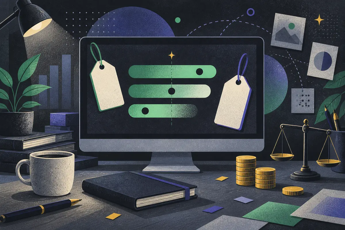 psychological pricing: a large centered monitor showing abstract price bands, two unmarked price tags, coins, balance scale, closed notebook, coffee cup