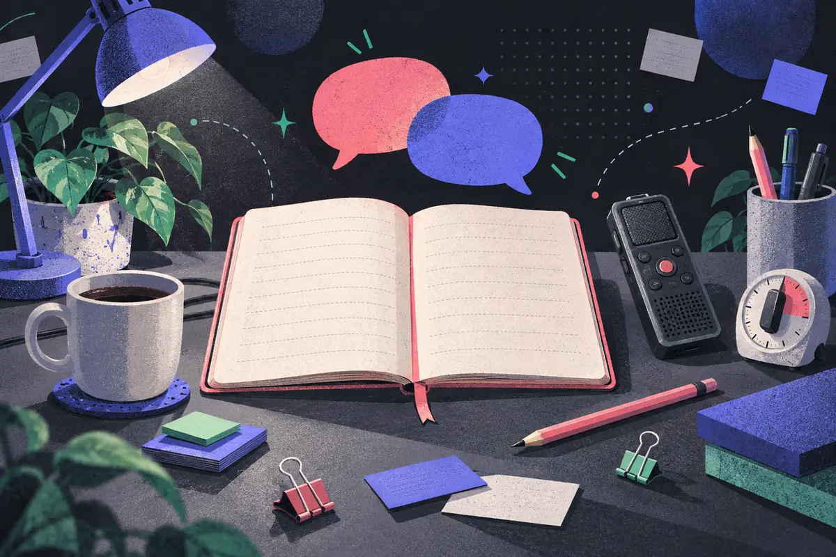 qualitative survey questions: a central blank interview notebook with open pages beside a recorder, speech bubbles without marks, pencil, timer, coffee cup, desk lamp, and potted plant