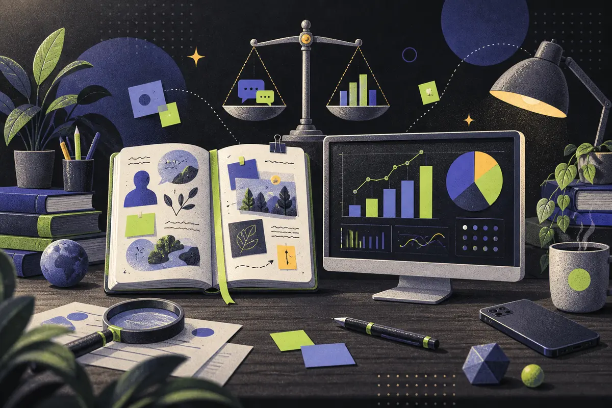 qualitative versus quantitative data: an open notebook and monitor showing an abstract chart equally sized side by side, face-down phone, magnifying glass, stack of books, pen, balance scale