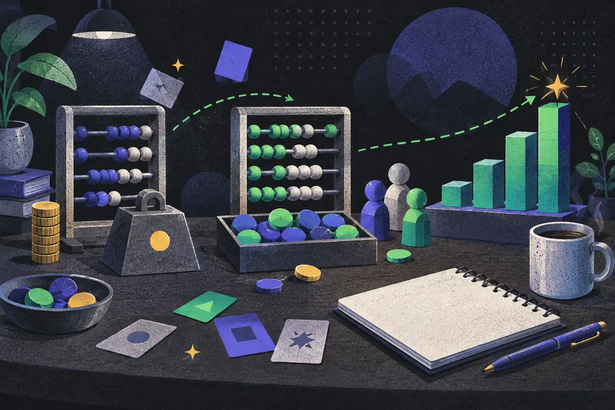 revenue growth: two period abacuses, price weight, and volume tray progressing left to right, mix tokens, customer figurines, blank notebook, coffee cup