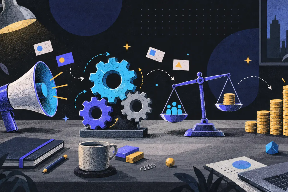 revenue operations: interlocking gears, a tilted balance scale, and stacked coins arranged left to right, megaphone, funnel, closed notebook, coffee cup