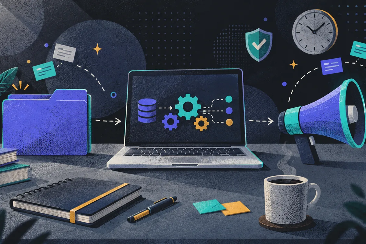 reverse ETL: a closed folder, open laptop, and megaphone arranged left to right, interlocking gears, clock, shield, closed notebook, and coffee cup