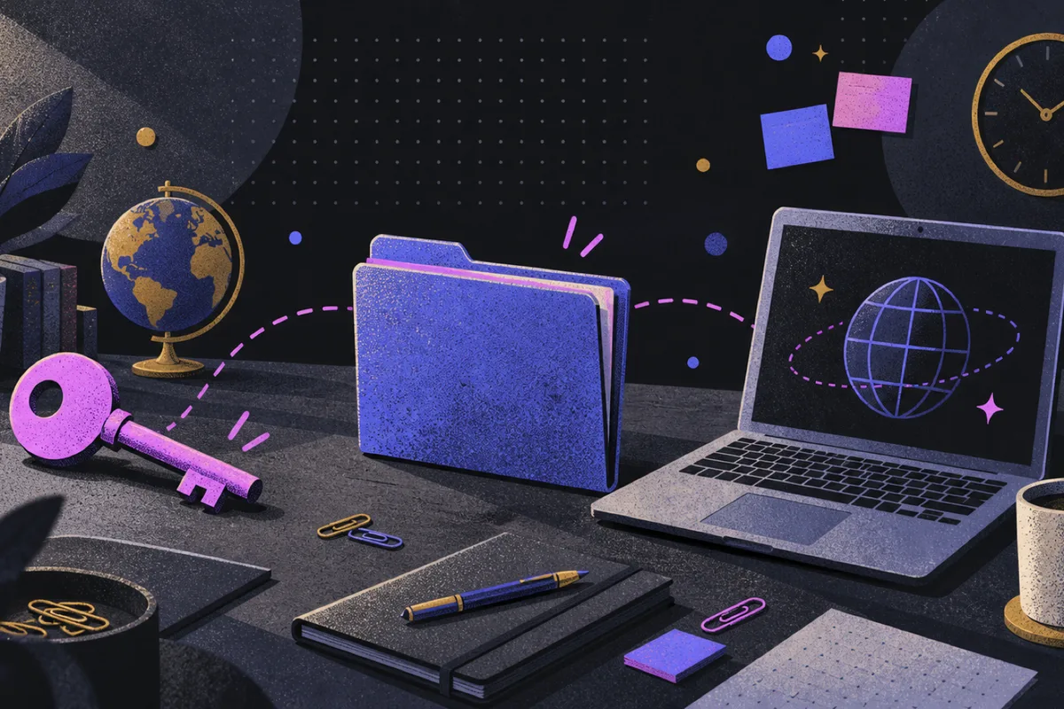 robots.txt file: an angled key, closed folder, and open laptop arranged left to right, small globe, clock, paper clips, and coffee cup