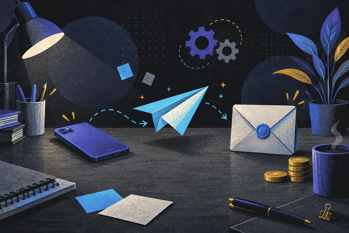 sales cycle: a face-down phone, paper plane, and sealed envelope arranged left to right, clock, interlocking gears, coins, coffee cup, potted plant