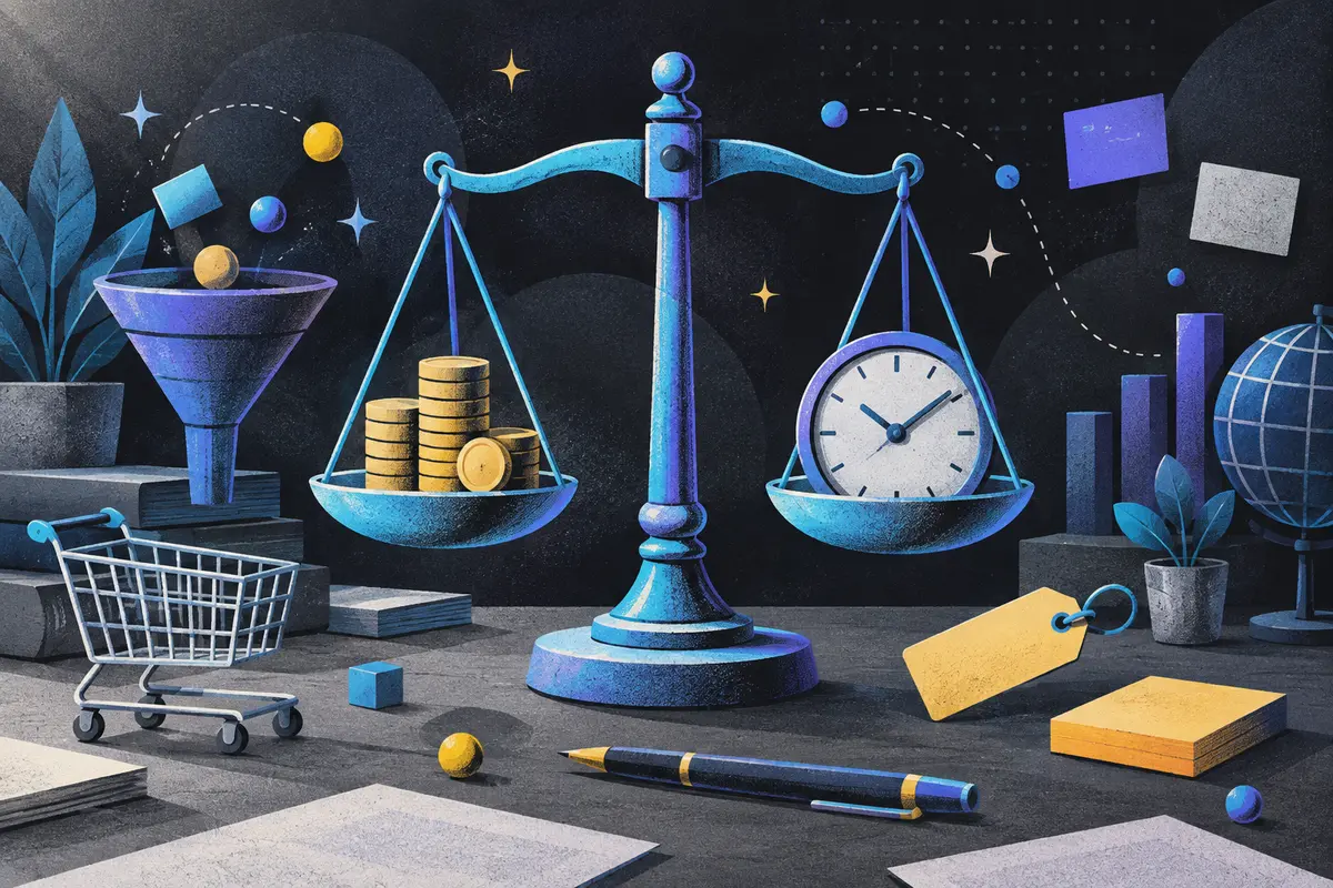 sales pipeline metrics: a large centered balance scale holding coins and a clock, funnel, unmarked price tag, shopping cart, unmarked sticky note, pen
